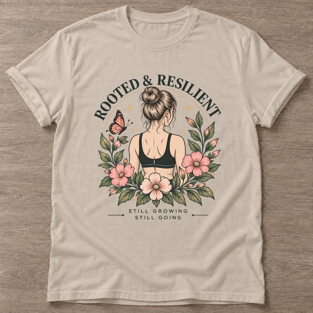 Sand Bloom Unshaken T-shirt — floral strength design, for women who train