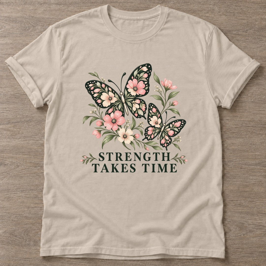Sand Strength Takes Time T-shirt — longevity training design, for women over 40