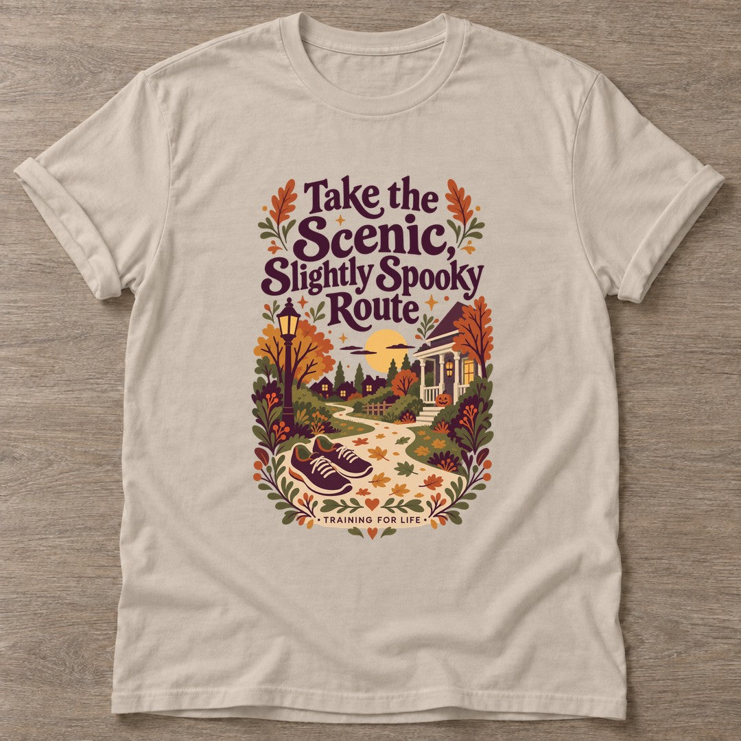 Sand Scenic Spooky Route T-shirt — walking club design, for women who walk