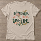 Sand Gym And Bloom T-shirt — floral strength design, for women who train