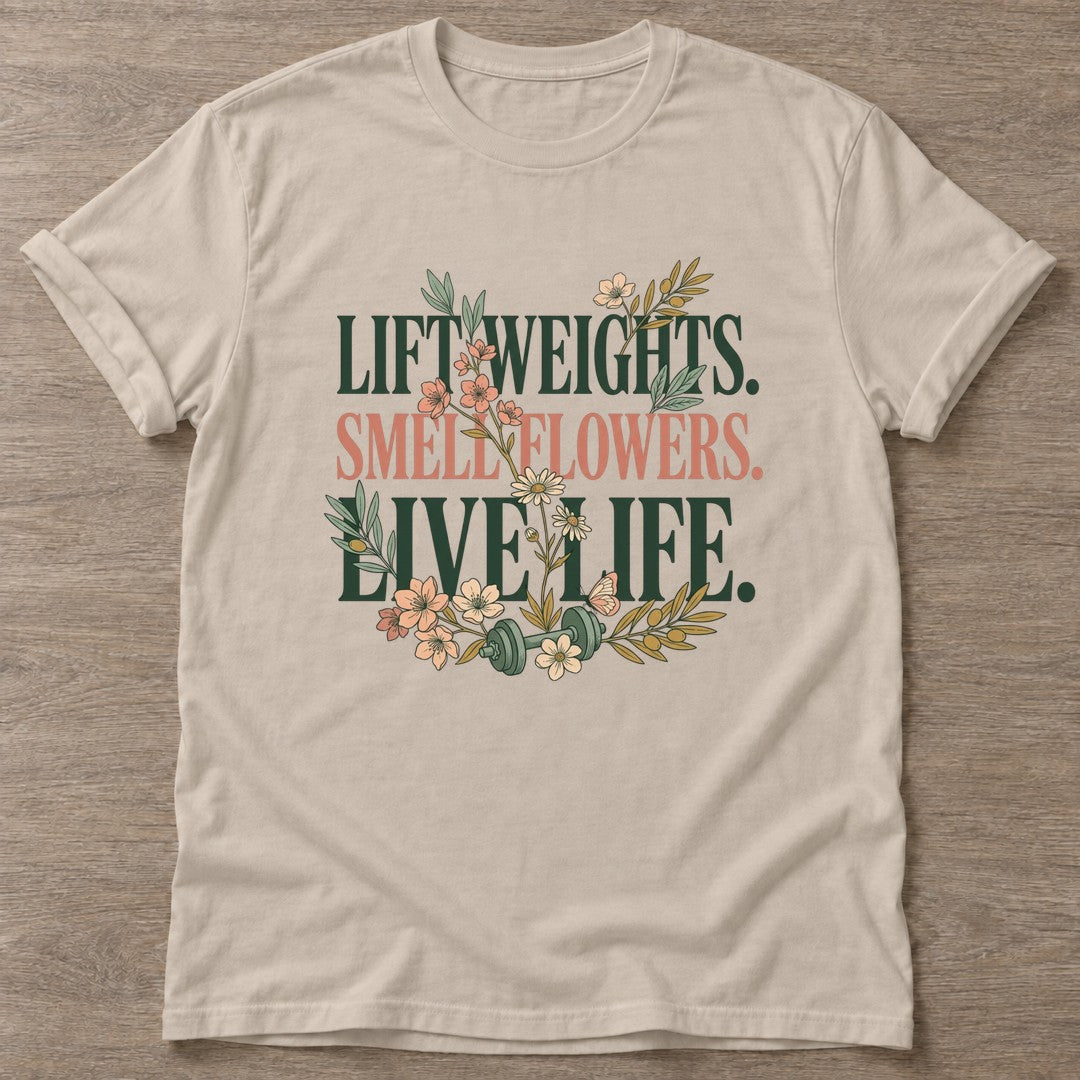 Sand Gym And Bloom T-shirt — floral strength design, for women who train