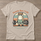 Sand Lifting Raccoon T-shirt — funny gym slogan, for women who train and laugh about it