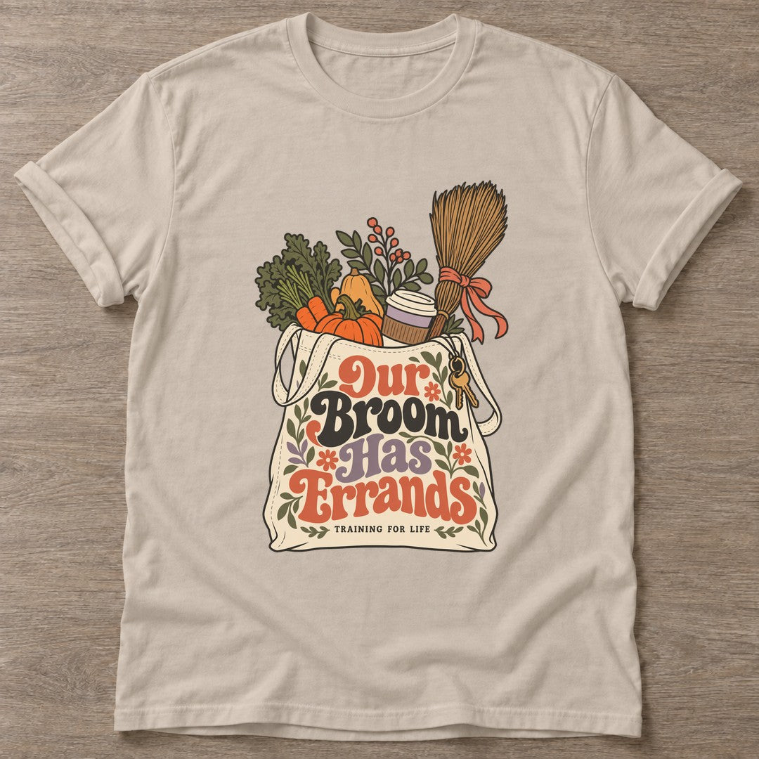 Sand Broomstick Vibes T-shirt — funny gym slogan, for women who train and laugh about it
