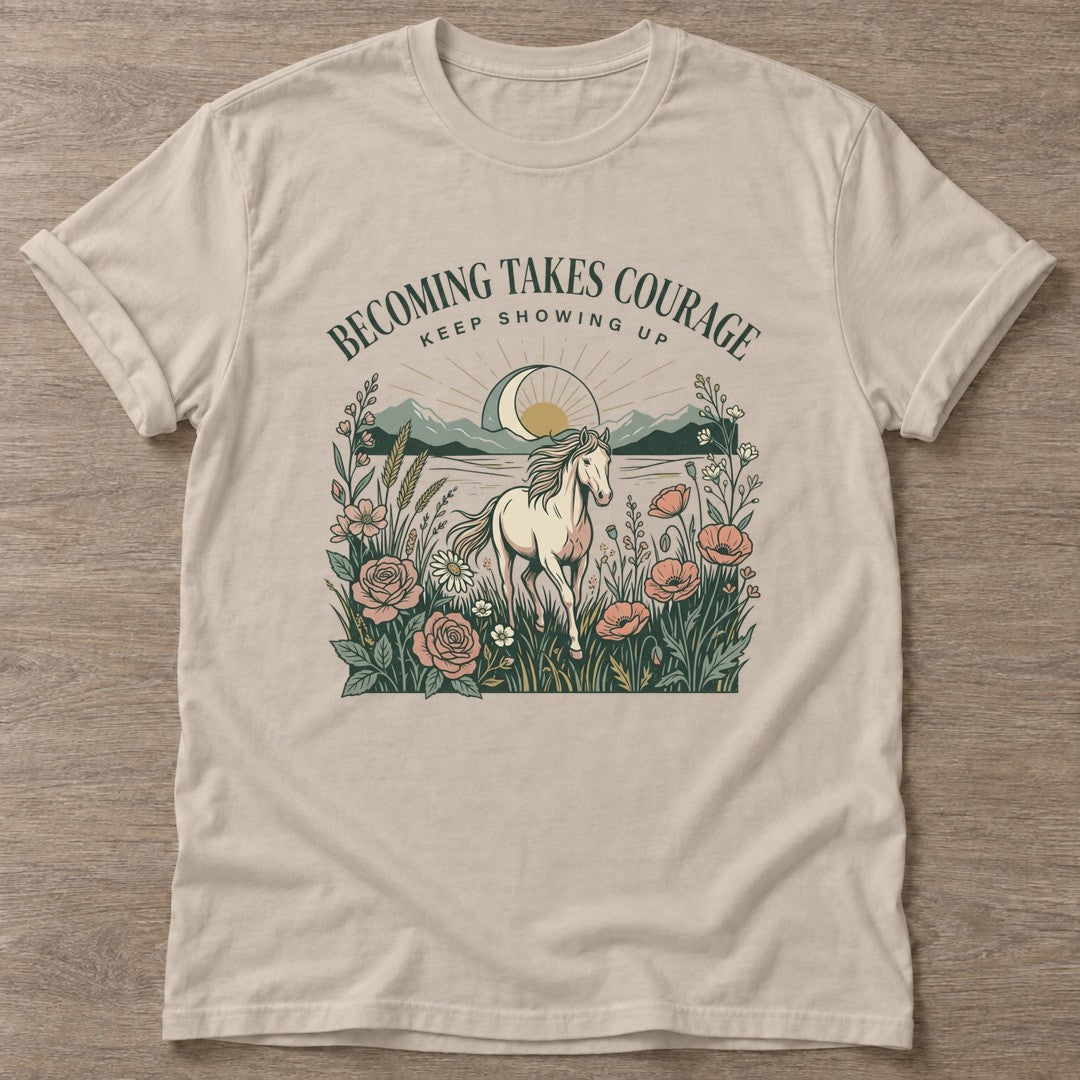 Sand Courage In Motion T-shirt — motivational slogan design, for women who train
