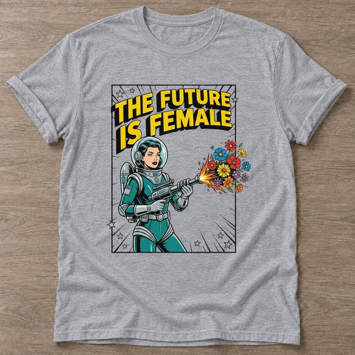 Sport Grey Flower Power Astronaut T-shirt — floral strength design, for women who train