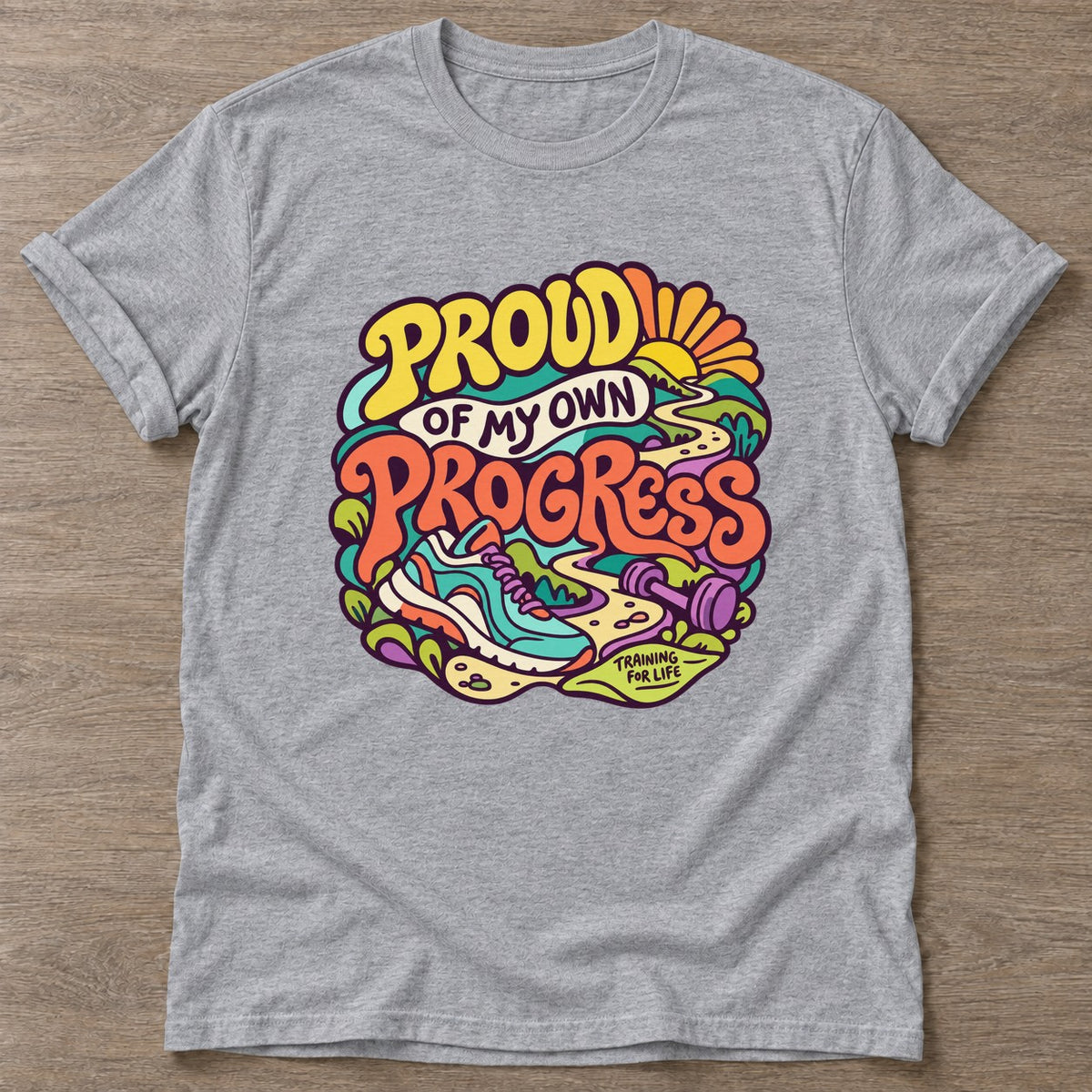 Sport Grey Proud Progress T-shirt — growth mindset design, for women building a habit