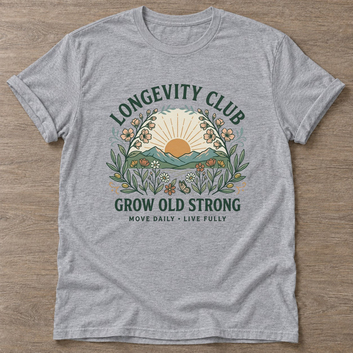Sport Grey Botanical Aging T-shirt — longevity training design, for women over 40