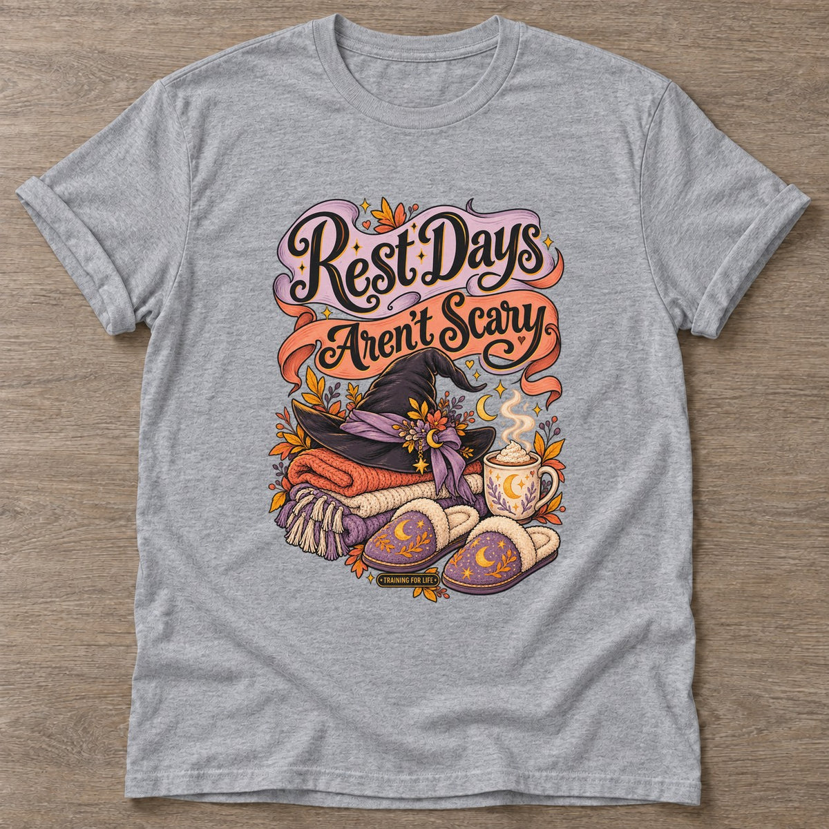 Sport Grey Autumn Comfort Witch T-shirt — rest and recovery design, for women who train