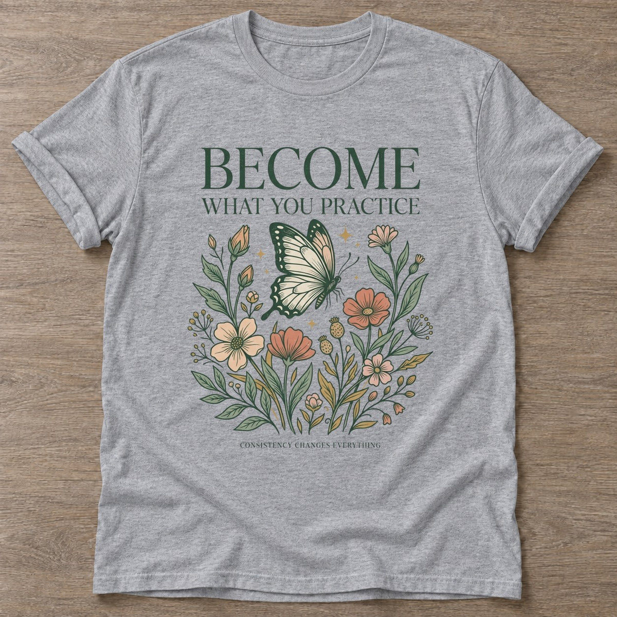 Sport Grey Practice Blooms T-shirt — growth mindset design, for women building a habit