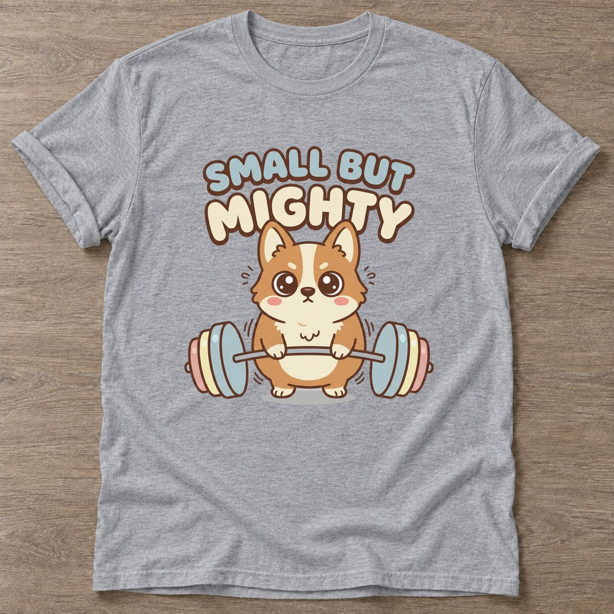 Sport Grey Mighty Corgi T-shirt — funny gym slogan, for women who train and laugh about it
