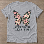 Sport Grey Bloom Patience T-shirt — floral strength design, for women who train