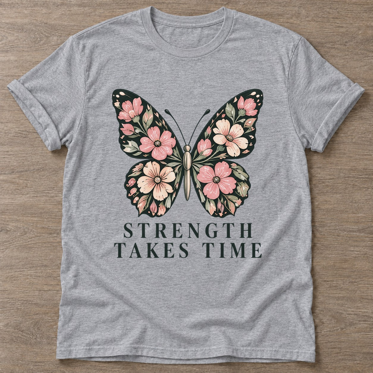 Sport Grey Bloom Patience T-shirt — floral strength design, for women who train