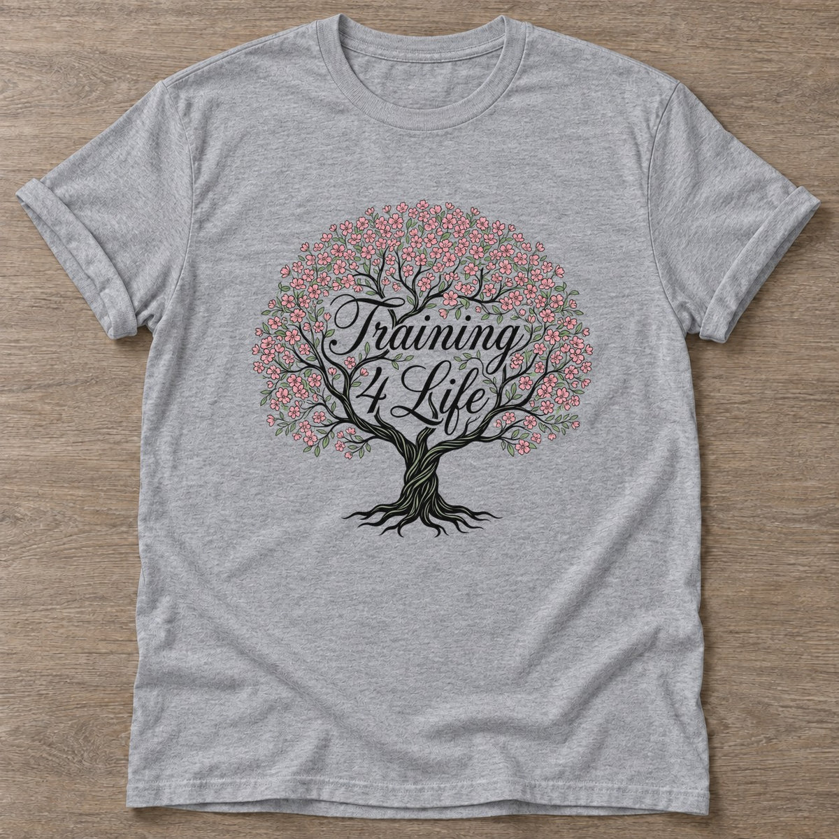 Sport Grey Blossom Strong T-shirt — floral strength design, for women who train