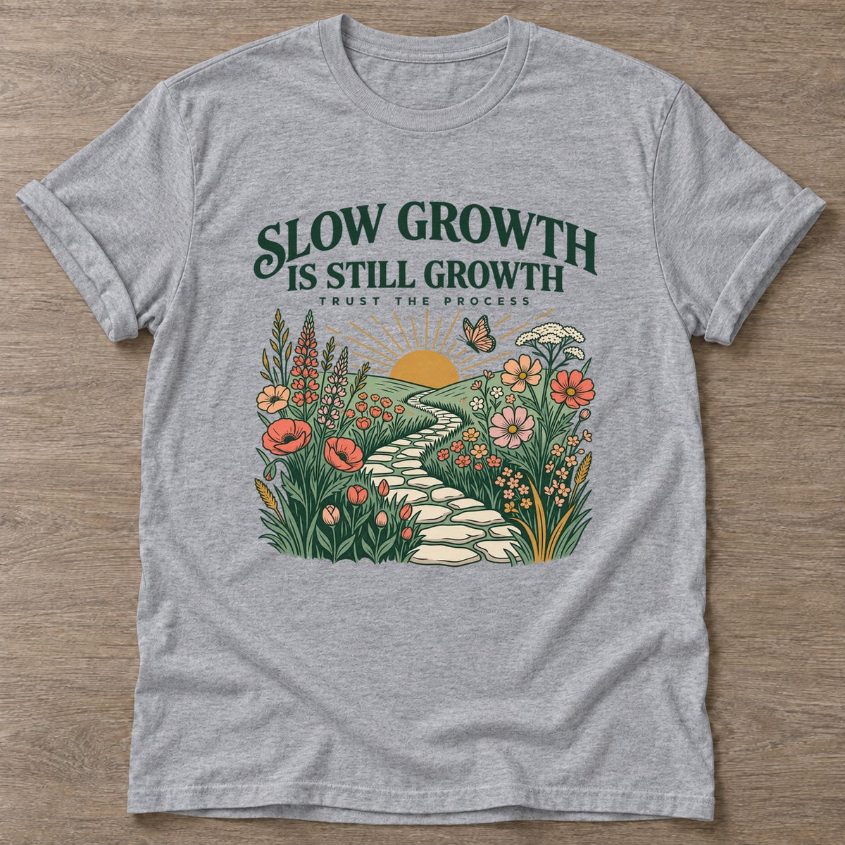 Sport Grey Blooming Path T-shirt — floral strength design, for women who train