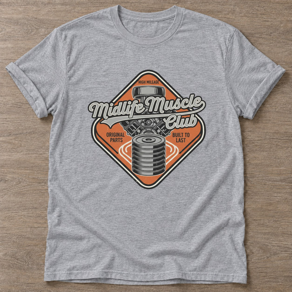 Sport Grey High Mileage Garage T-shirt — longevity training design, for women over 40