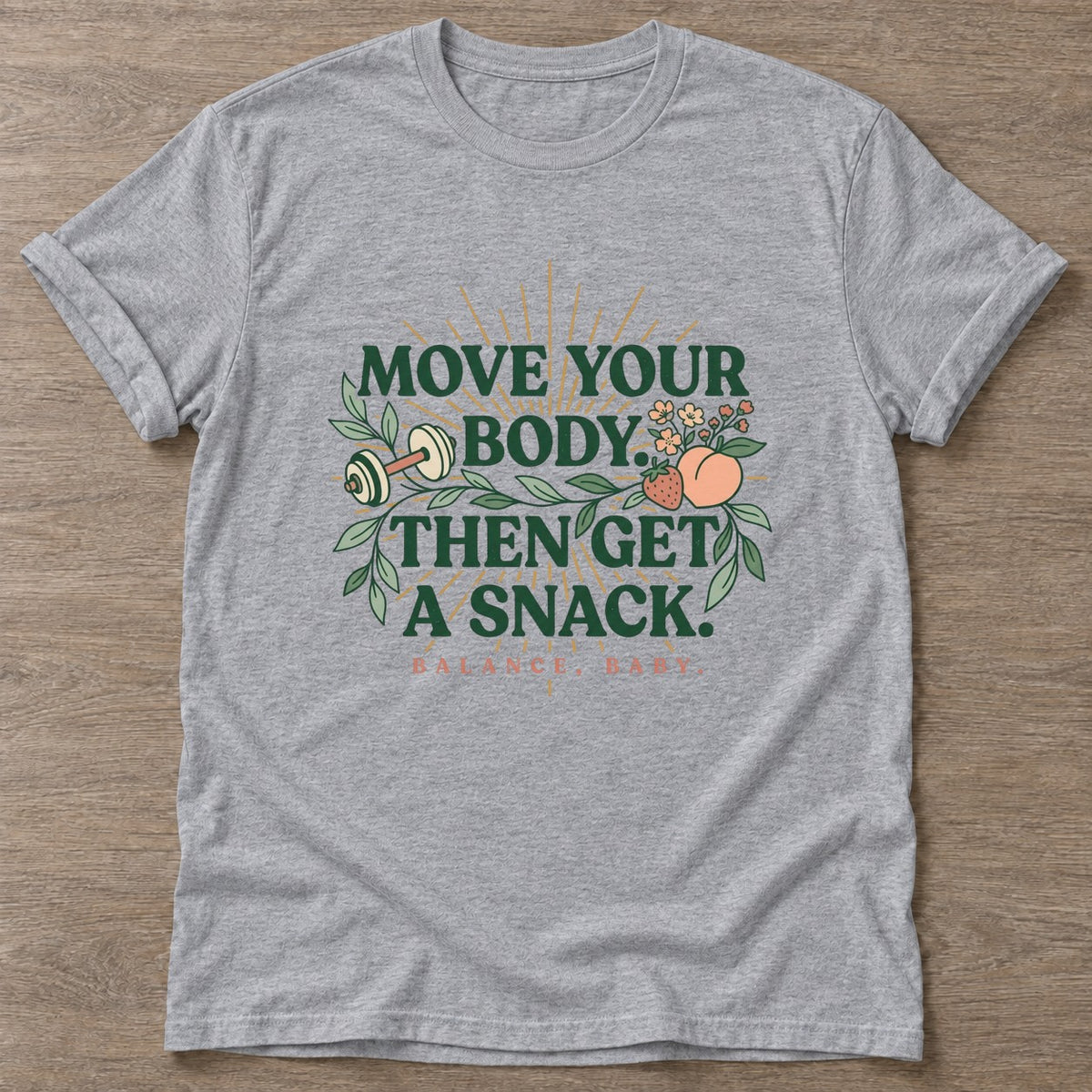 Sport Grey Snack Reward T-shirt — funny gym slogan, for women who train and laugh about it