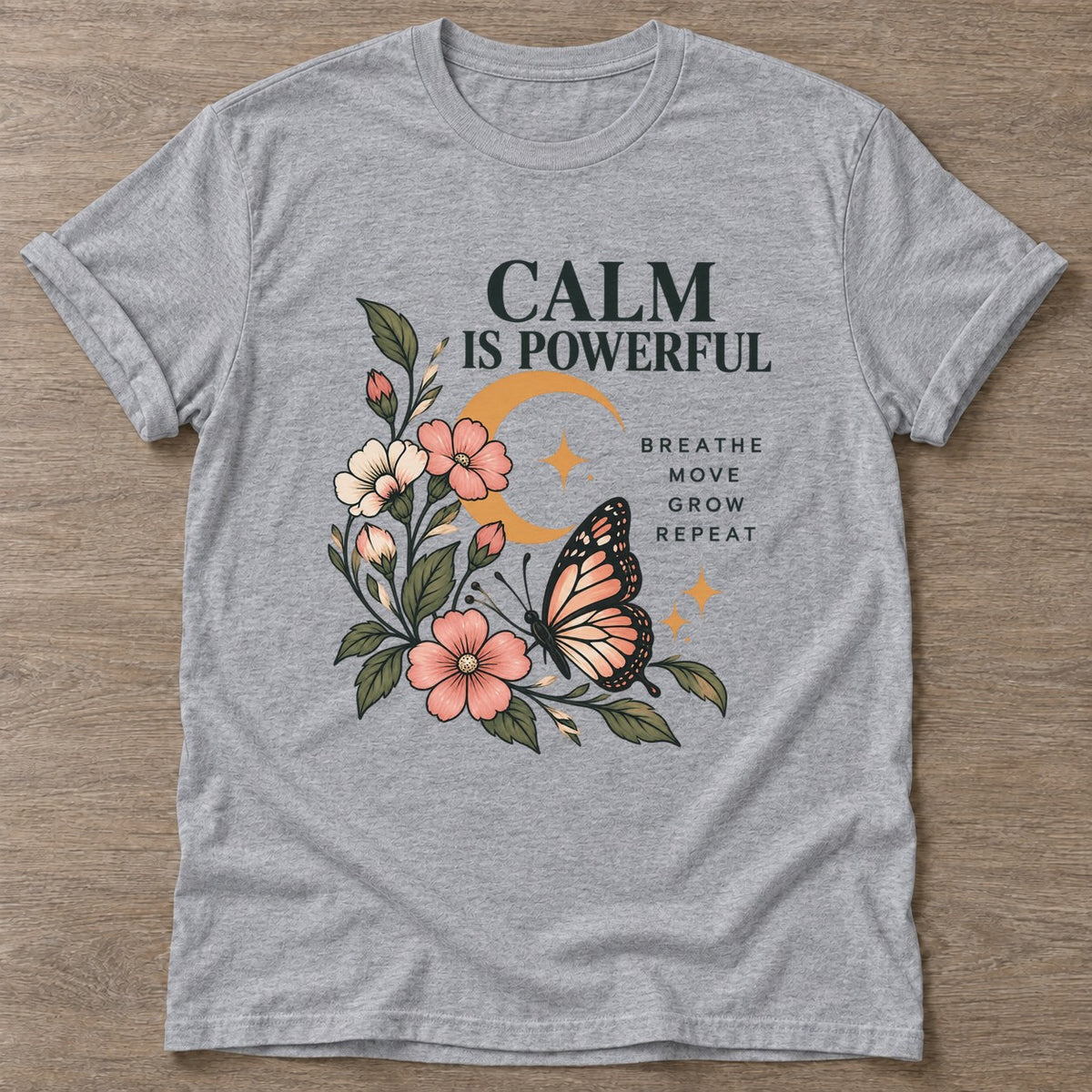 Sport Grey Mindful Bloom T-shirt — floral strength design, for women who train