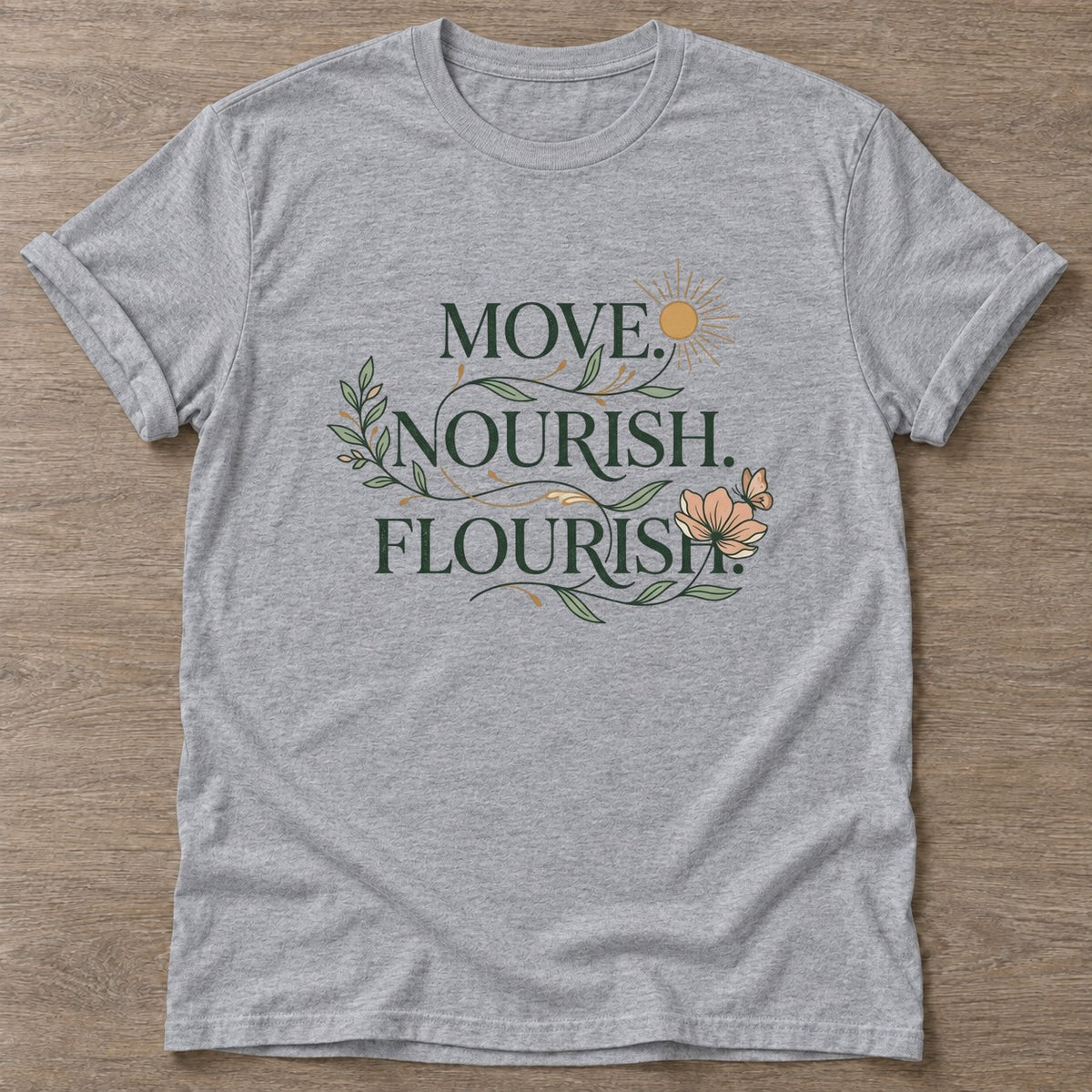 Sport Grey Flourish Mantra T-shirt — growth mindset design, for women building a habit