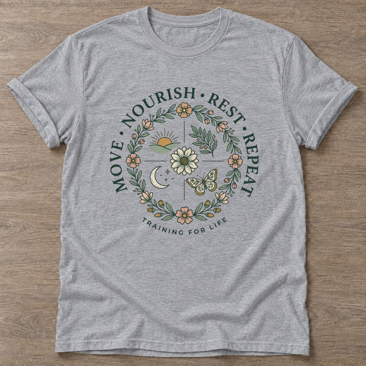 Sport Grey Nourish Repeat T-shirt — rest and recovery design, for women who train