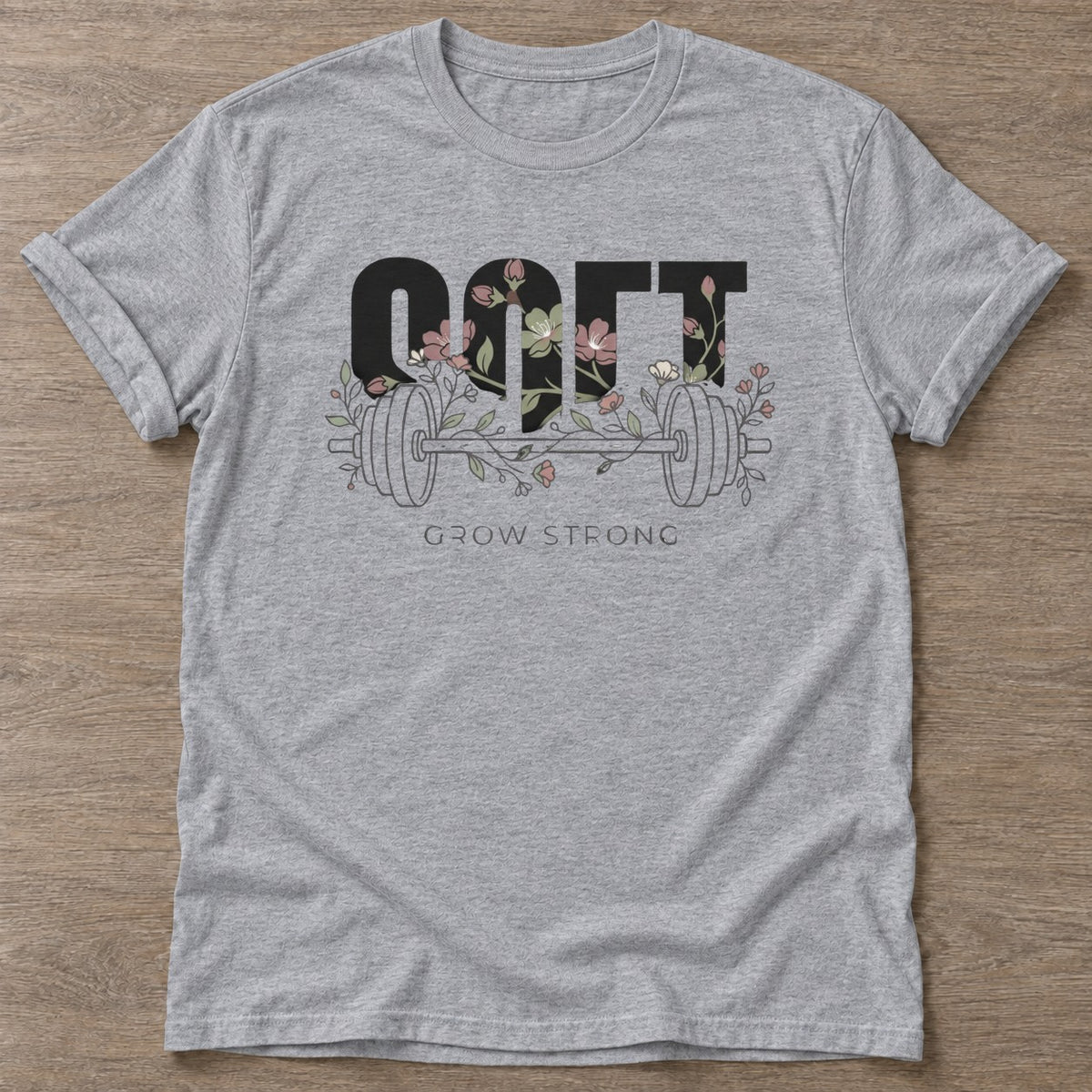 Sport Grey Floral Gains T-shirt — floral strength design, for women who train