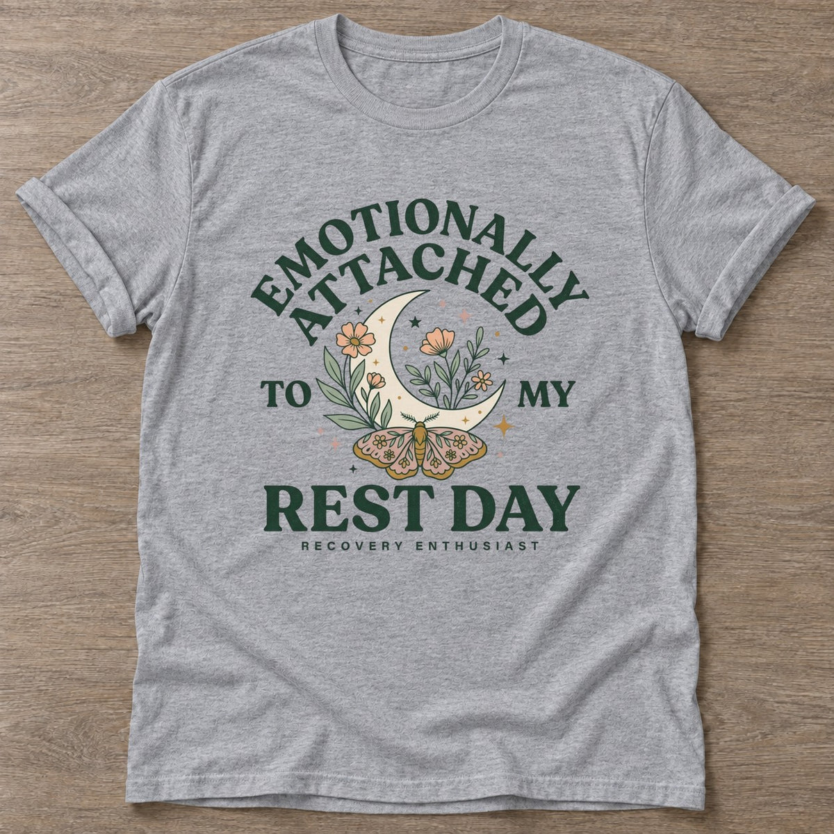 Sport Grey Moth Moon Mood T-shirt — rest and recovery design, for women who train
