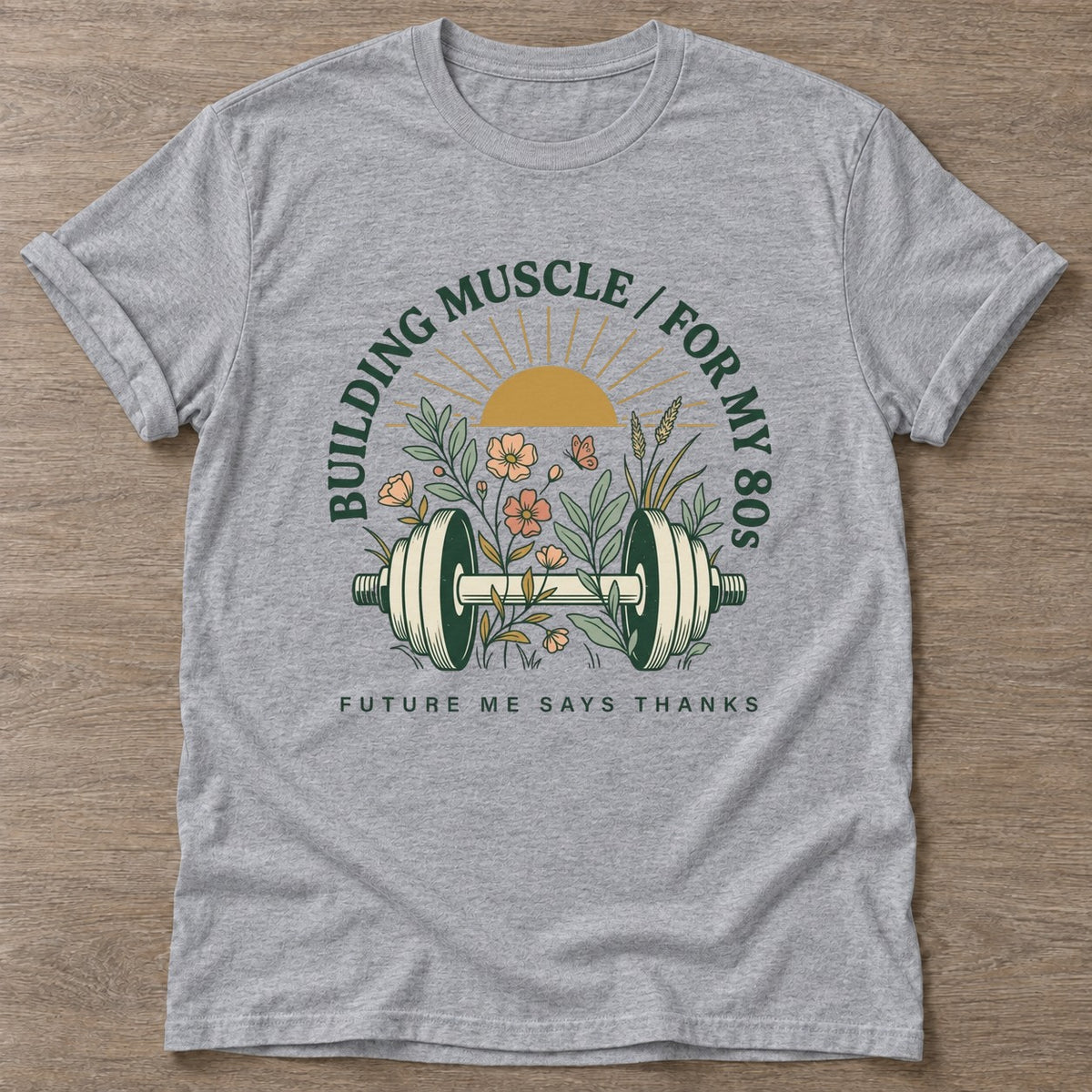 Sport Grey Gratitude Gains T-shirt — growth mindset design, for women building a habit