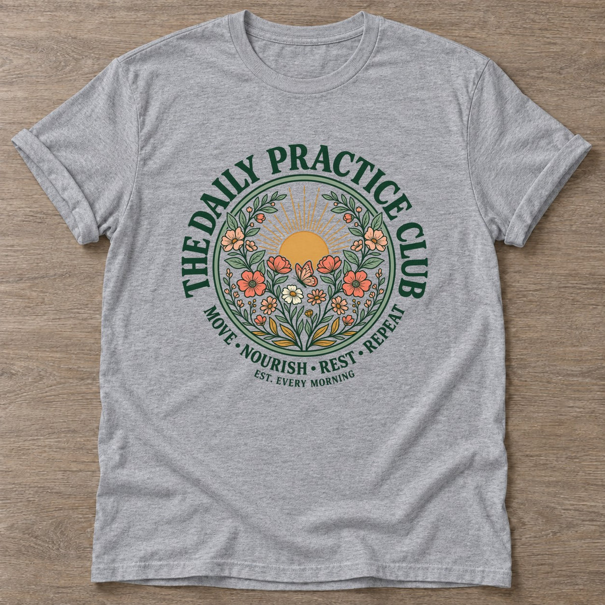 Sport Grey Bloom Repeat T-shirt — floral strength design, for women who train