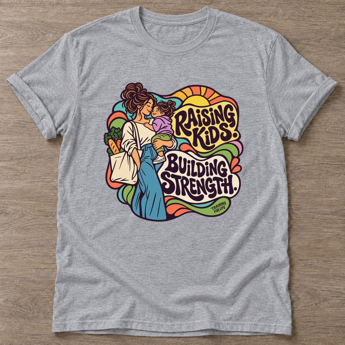 Sport Grey Strength Through Motherhood T-shirt — motivational slogan design, for women who train