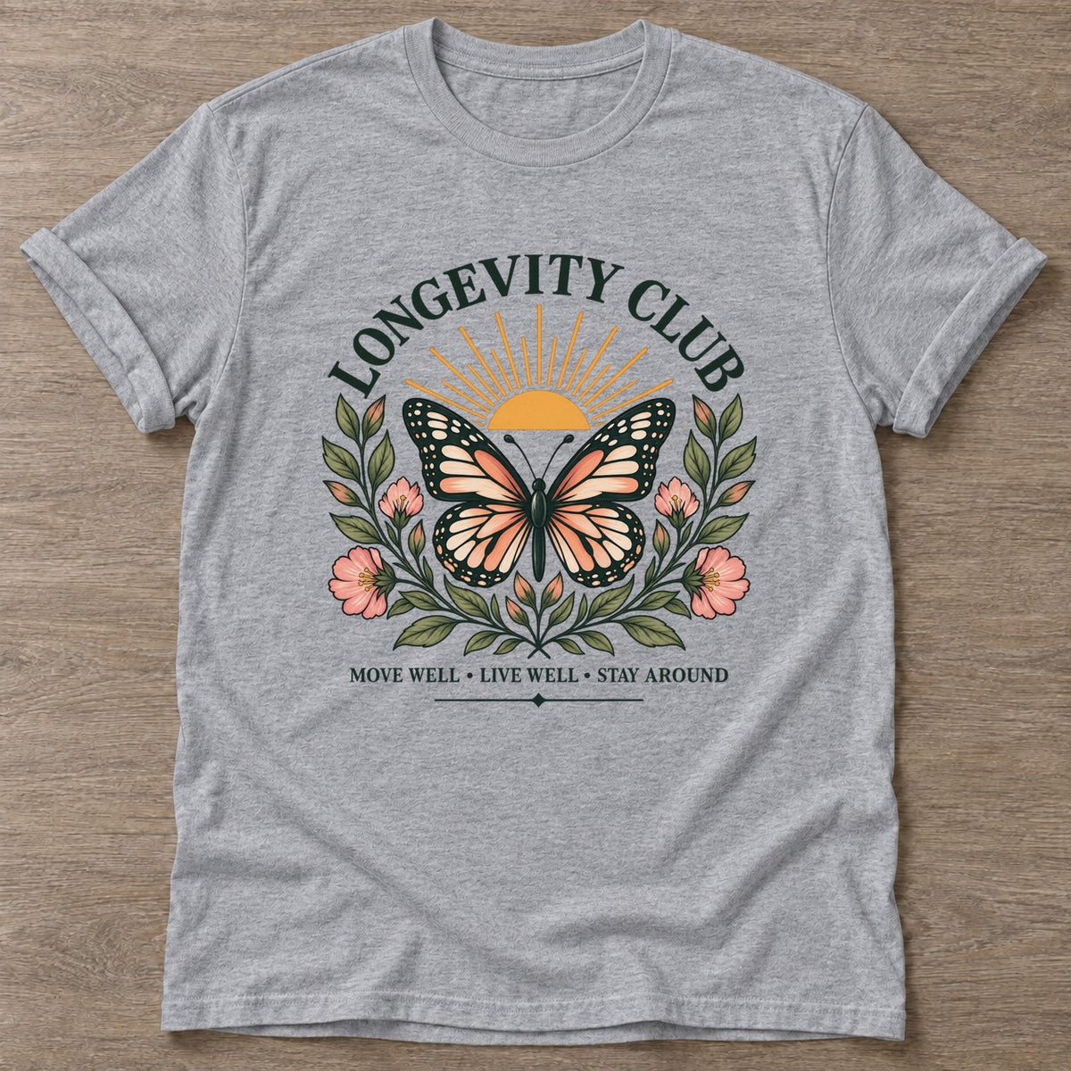 Sport Grey Butterfly Longevity T-shirt — longevity training design, for women over 40