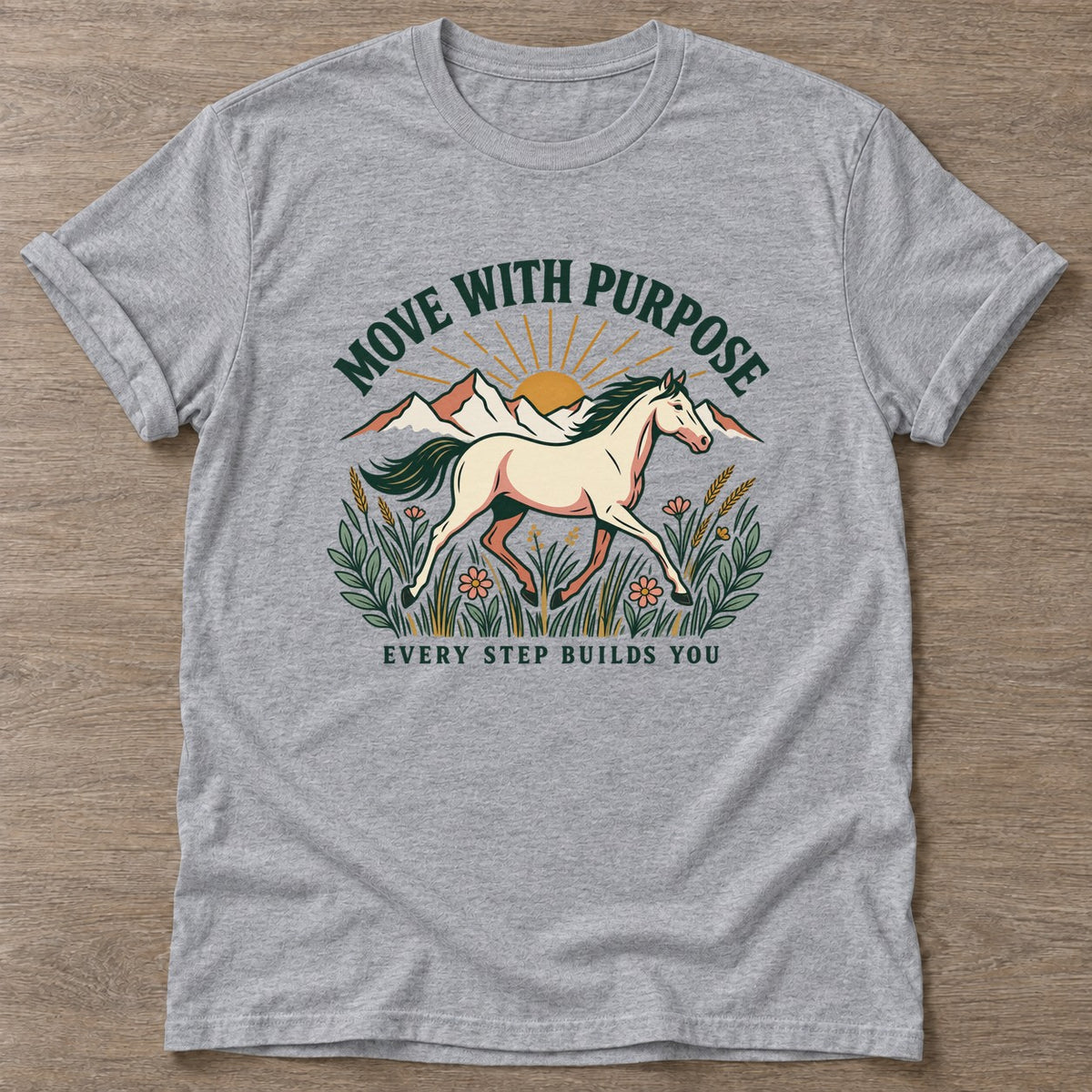 Sport Grey Purpose Rider T-shirt — motivational slogan design, for women who train