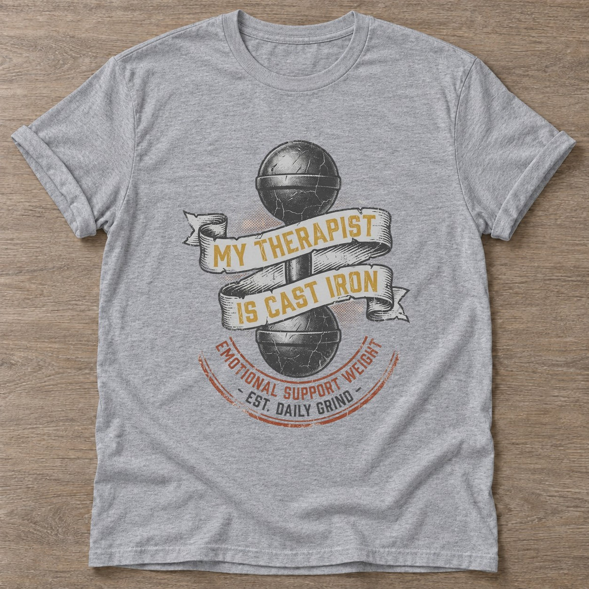Sport Grey Cast Iron Therapy T-shirt — weightlifting design, for women who lift