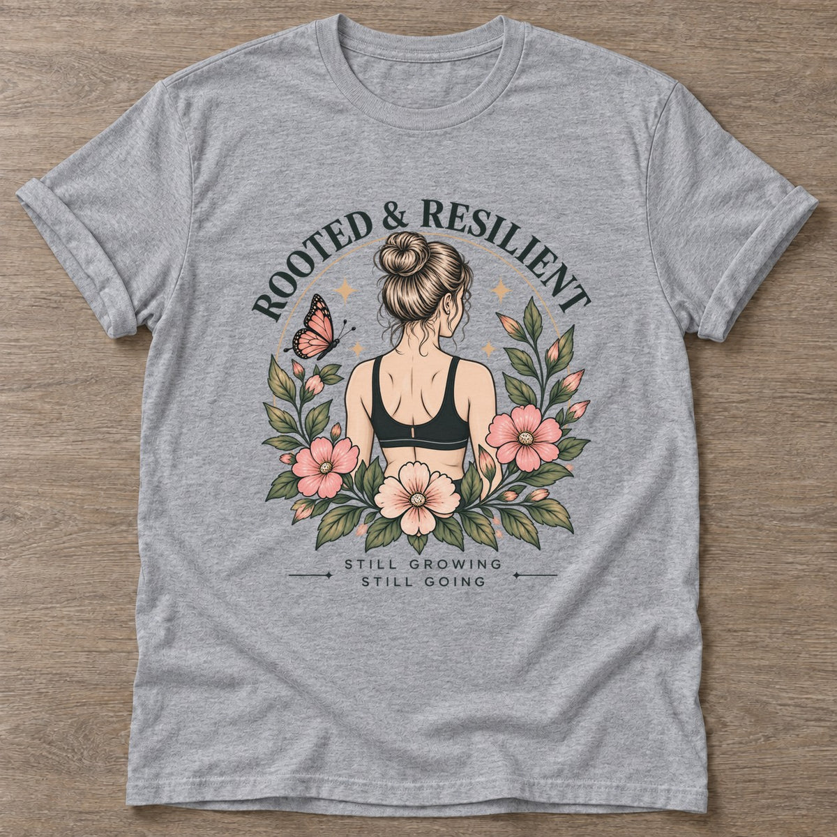Sport Grey Bloom Unshaken T-shirt — floral strength design, for women who train