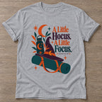 Sport Grey Hocus Focus T-shirt — funny gym slogan, for women who train and laugh about it