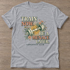 Sport Grey Train Now Menace T-shirt — longevity training design, for women over 40