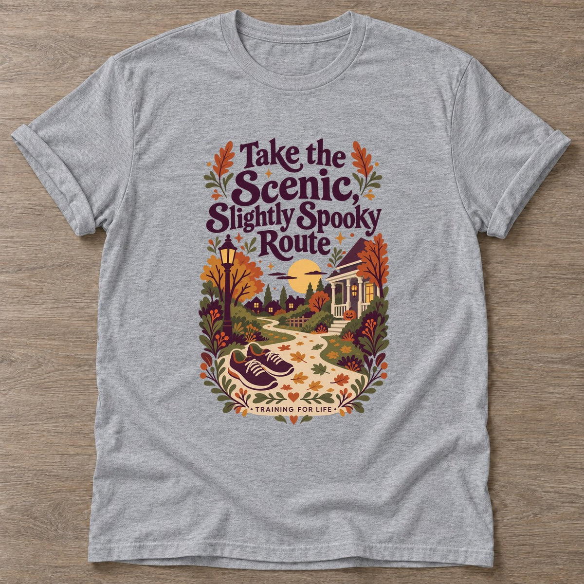 Sport Grey Scenic Spooky Route T-shirt — walking club design, for women who walk