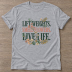 Sport Grey Gym And Bloom T-shirt — floral strength design, for women who train