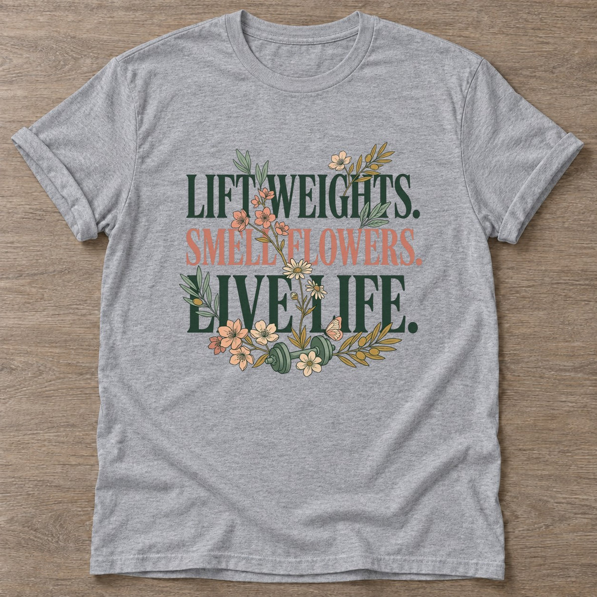 Sport Grey Gym And Bloom T-shirt — floral strength design, for women who train