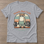 Sport Grey Lifting Raccoon T-shirt — funny gym slogan, for women who train and laugh about it