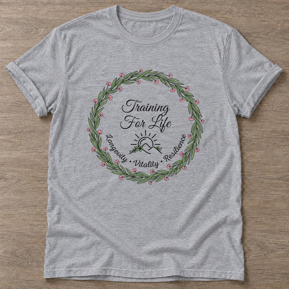Sport Grey Longevity Vitality T-shirt — longevity training design, for women over 40