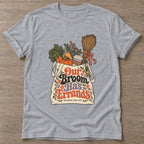 Sport Grey Broomstick Vibes T-shirt — funny gym slogan, for women who train and laugh about it