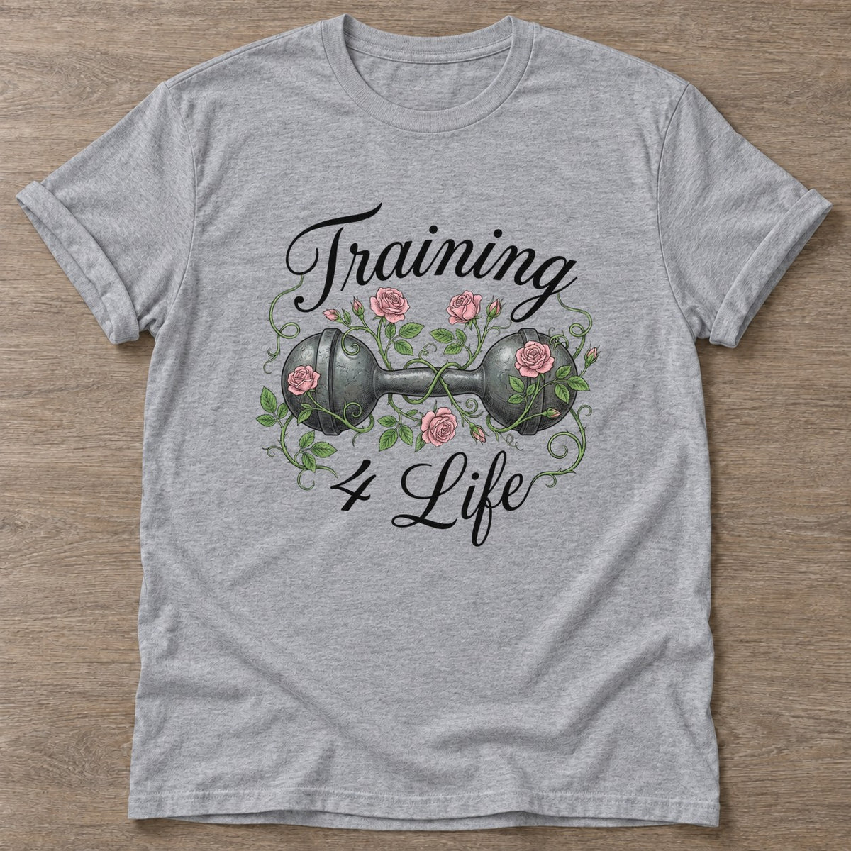 Sport Grey Iron Rose T-shirt — floral strength design, for women who train