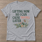 Sport Grey Cause Trouble T-shirt — motivational slogan design, for women who train