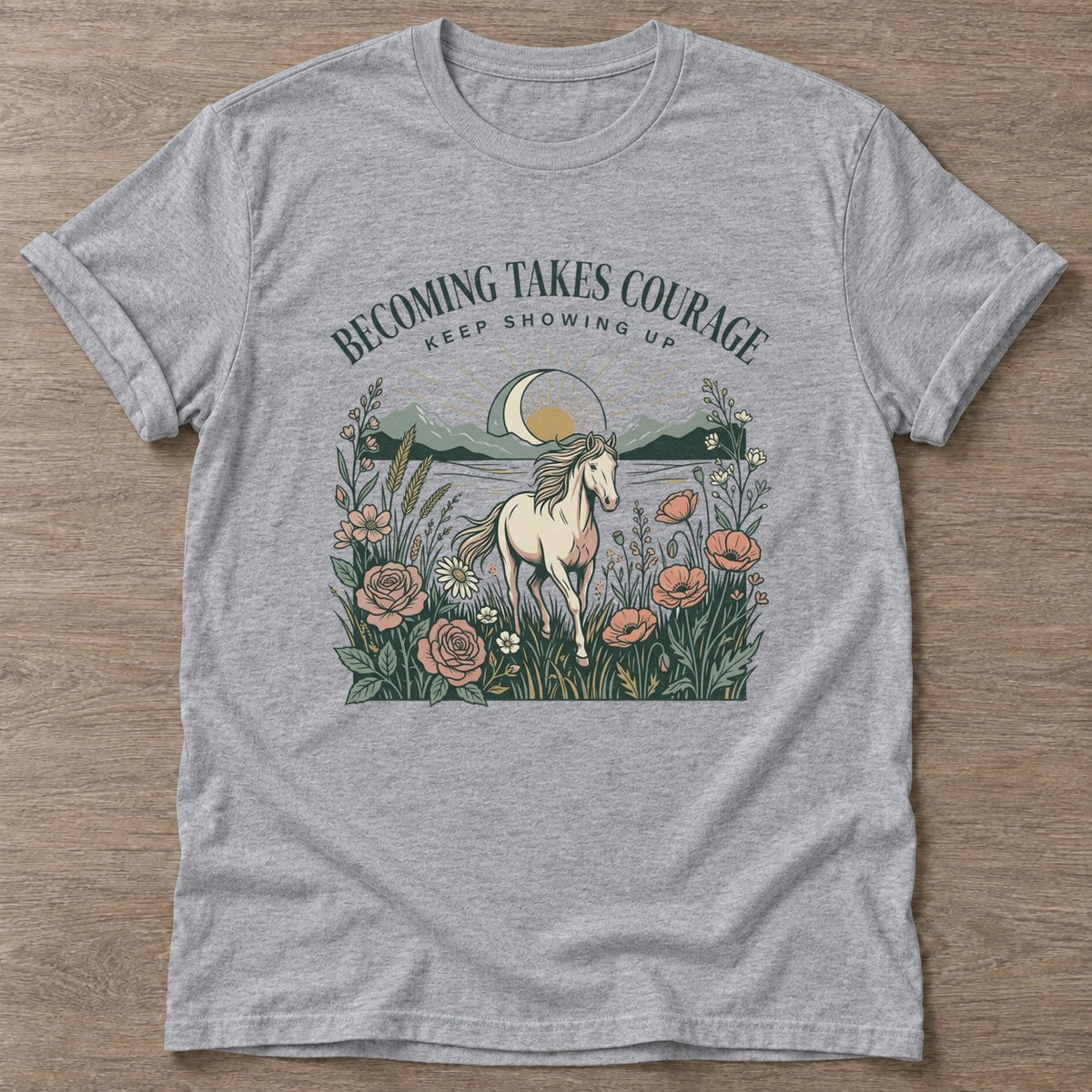 Sport Grey Courage In Motion T-shirt — motivational slogan design, for women who train