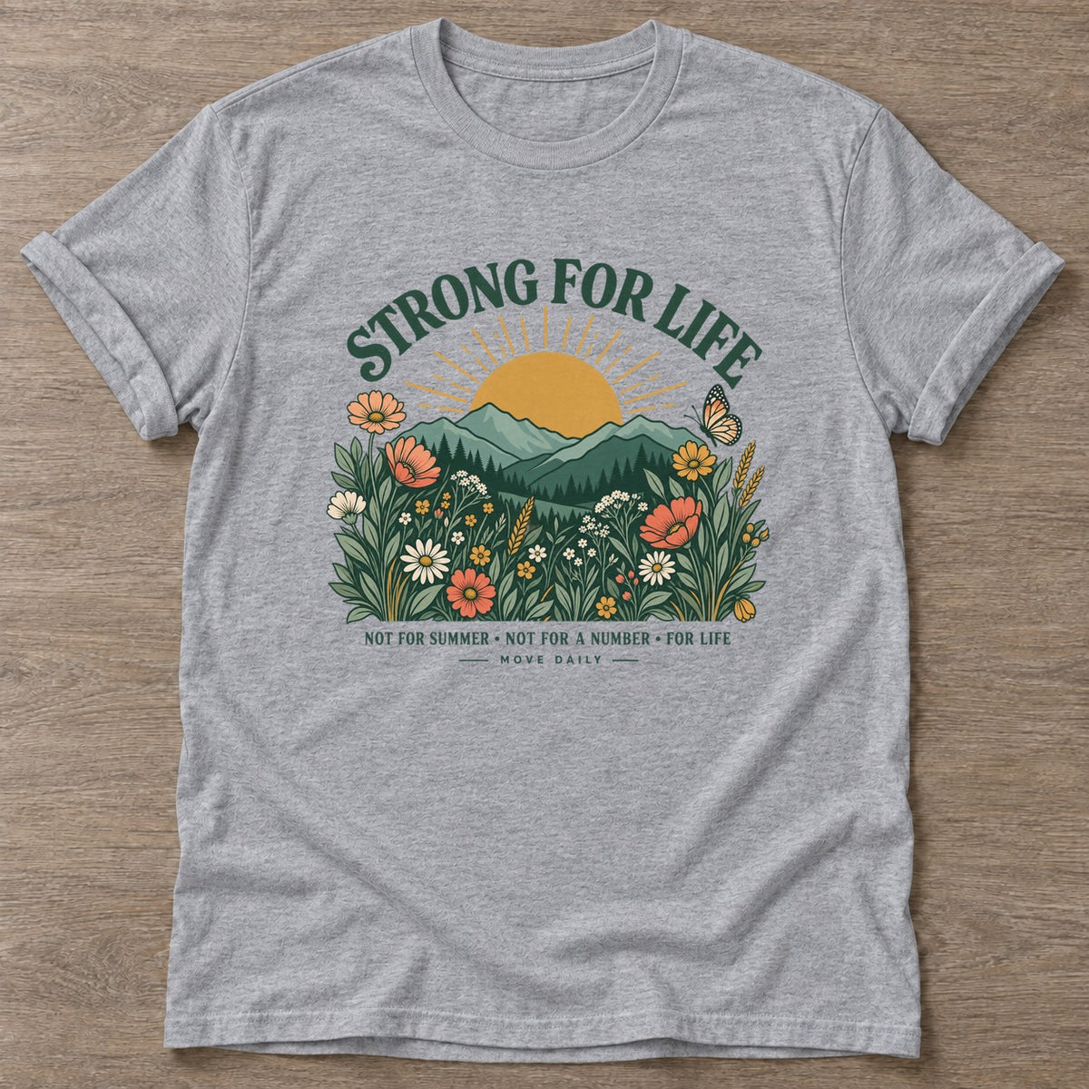 Sport Grey Wildflower Strength T-shirt — floral strength design, for women who train