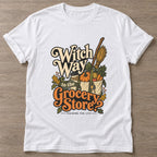White Broomstick Groceries T-shirt — funny gym slogan, for women who train and laugh about it