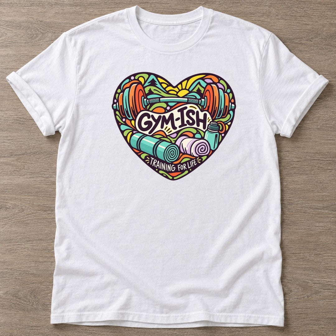 White Gym-ish Heart T-shirt — funny gym slogan, for women who train and laugh about it