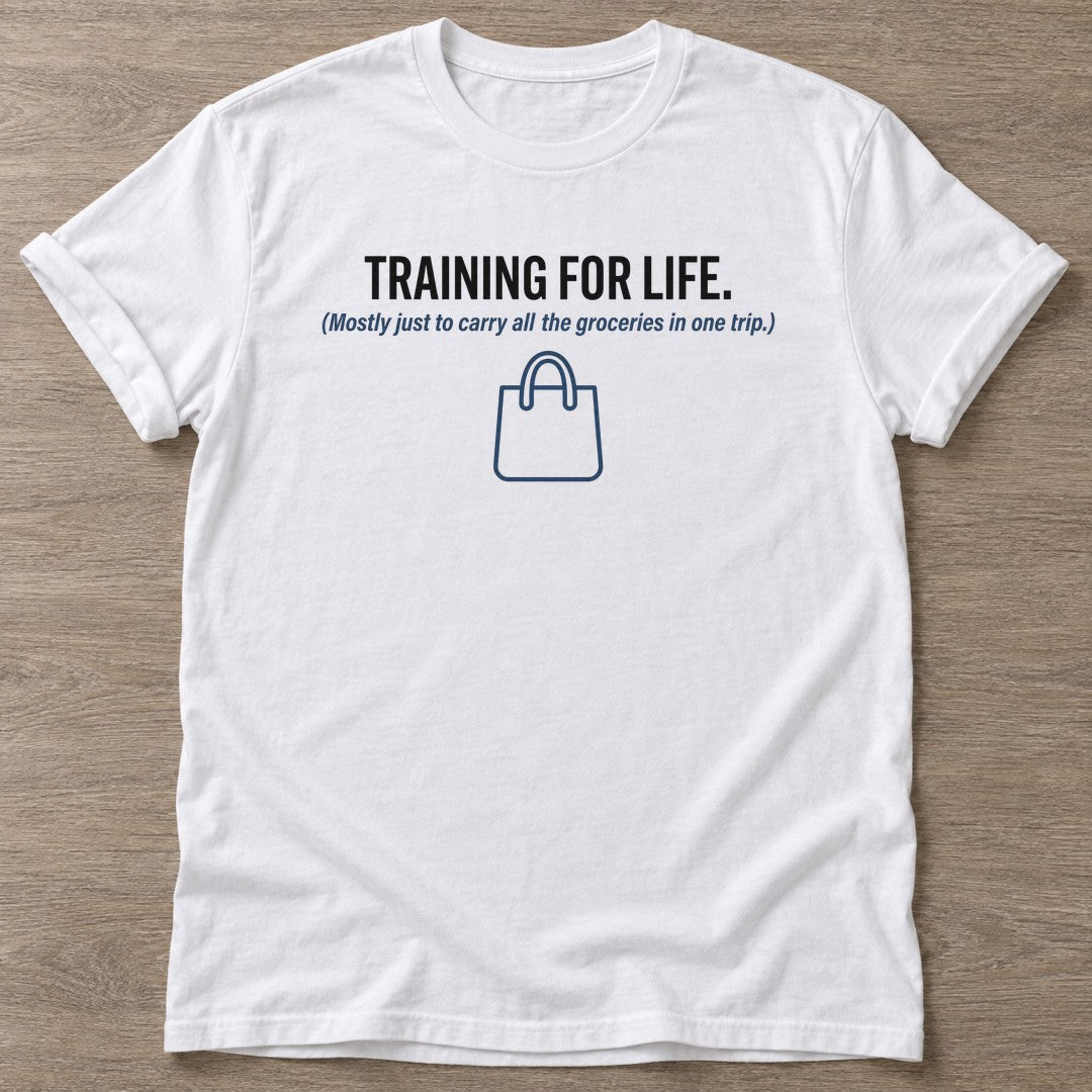 White Grocery Gains T-shirt — funny gym slogan, for women who train and laugh about it