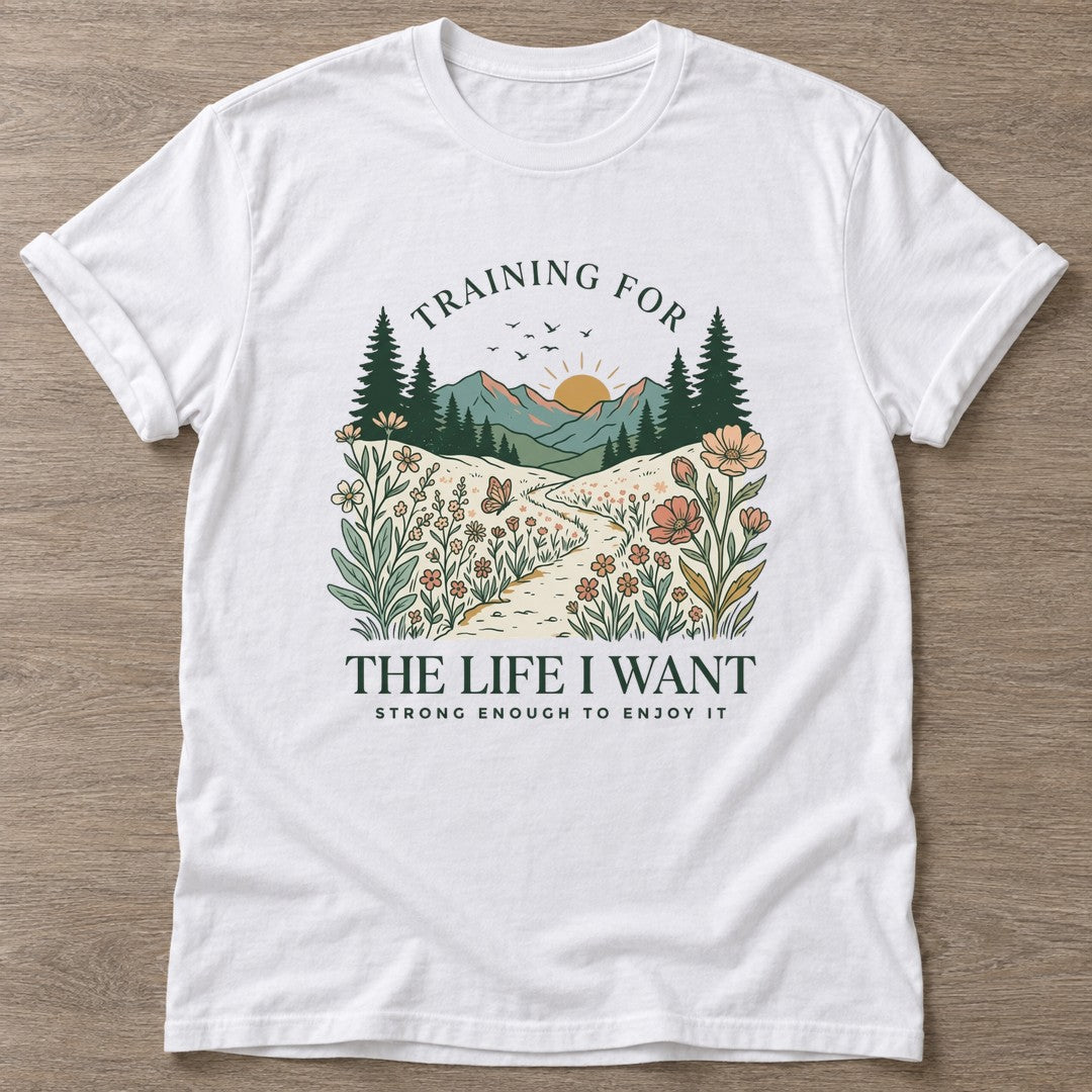 White Enjoy The Climb T-shirt — motivational slogan design, for women who train