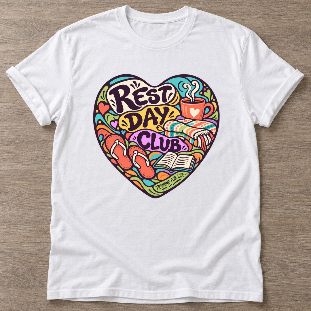 White Rest Day Club T-shirt — rest and recovery design, for women who train