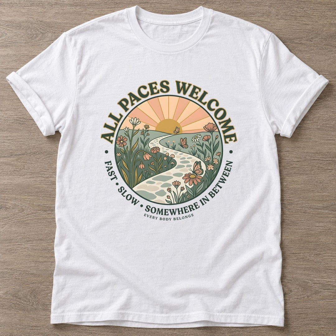 White Pace Yourself T-shirt — motivational slogan design, for women who train